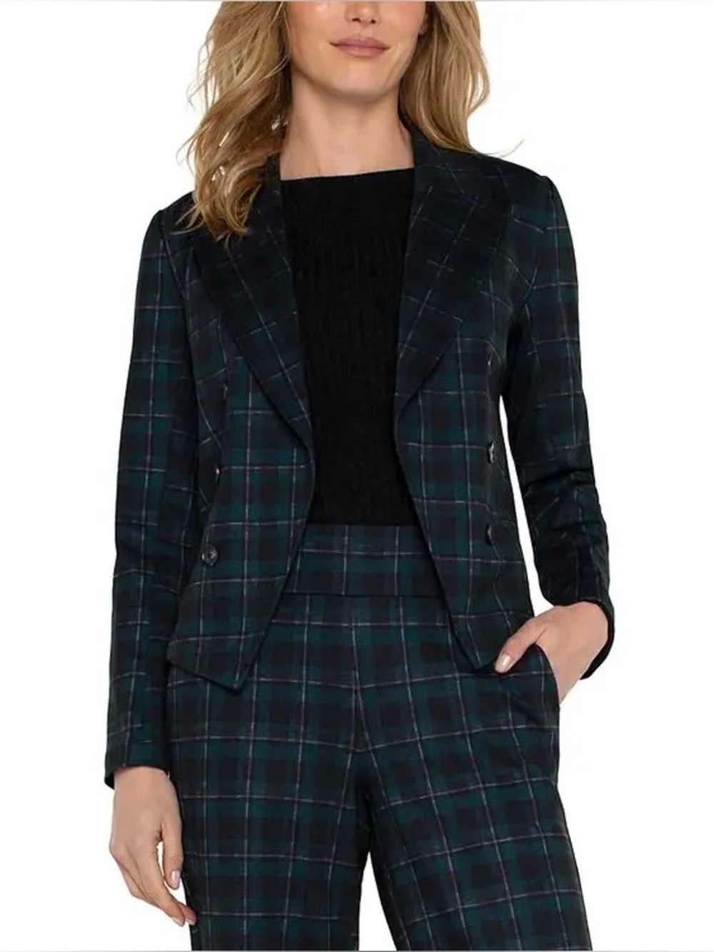 Liverpool Green and Black Plaid Double-Breasted Blazer Jacket